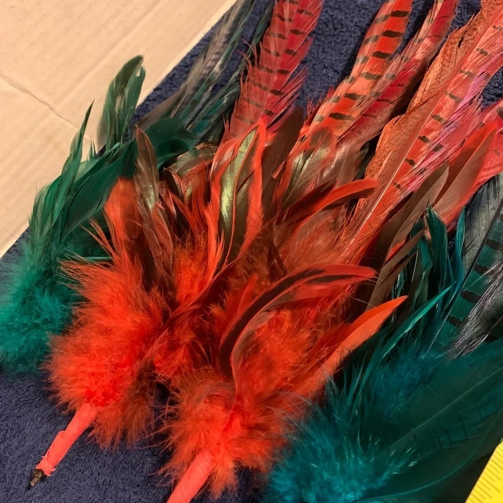 4 Green Red Dyed Pheasant Feather Pick Spray Stem 14